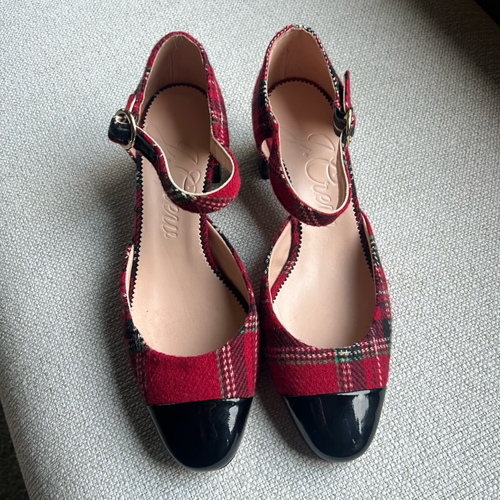 J.Crew Millie ankle-strap heels in Good Tidings plaid Size 6